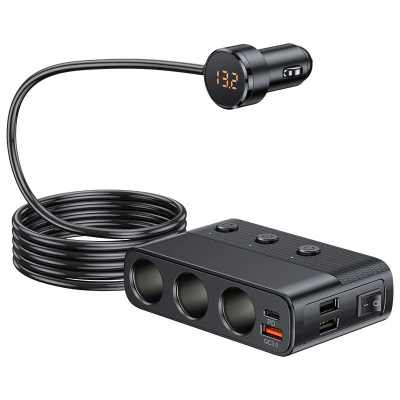 Black vehicle cigarette lighter USB charger with PD and QC3.0 ports for 12V-24V car systems