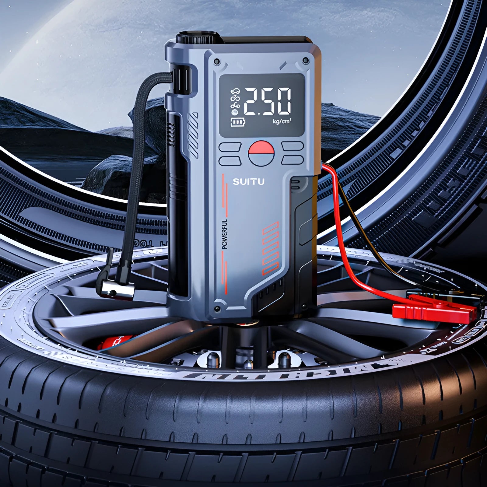 Wireless lithium emergency jump starter with integrated tyre inflator showing battery clips and digital pressure display