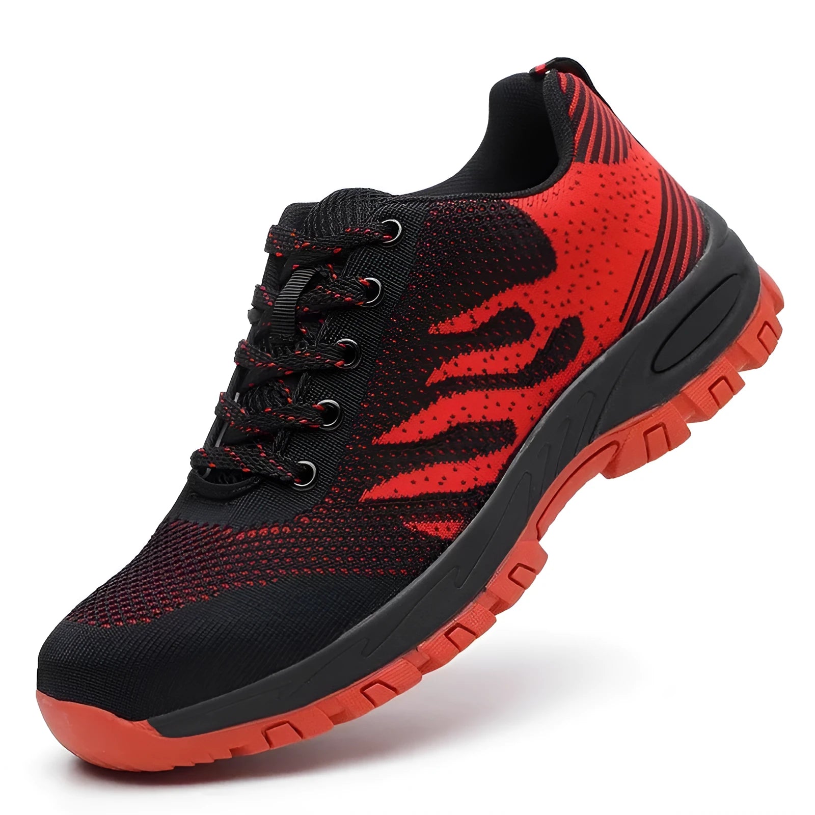 Red summer safety shoes with a steel toe cap and breathable mesh upper on a non-slip sole.