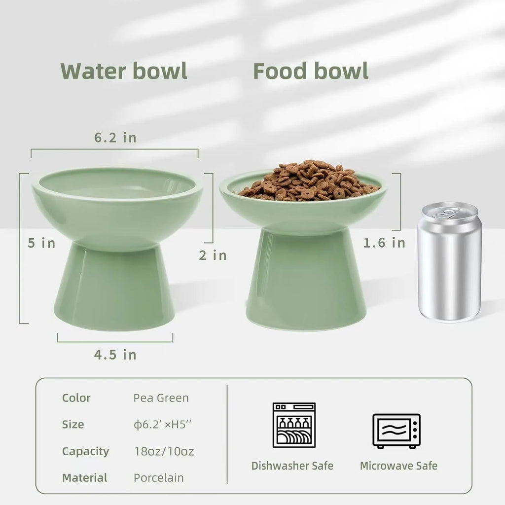 Elevated ceramic cat bowl in blue with wide shallow dish on weighted base