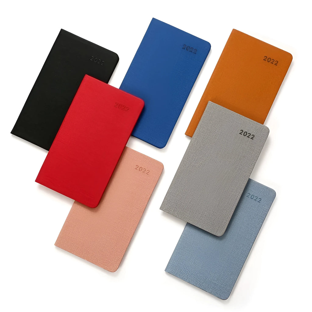 Monthly plan pocket business office notebook with paper pages and PU cover, shown in one of eight colours.