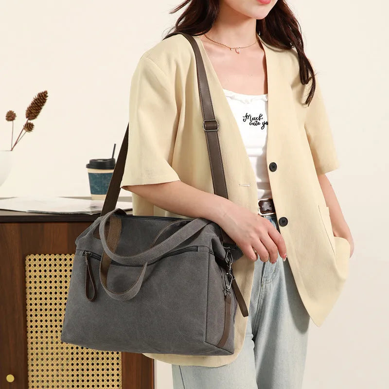 Women's retro canvas tote bag in horizontal square shape with multiple internal compartments