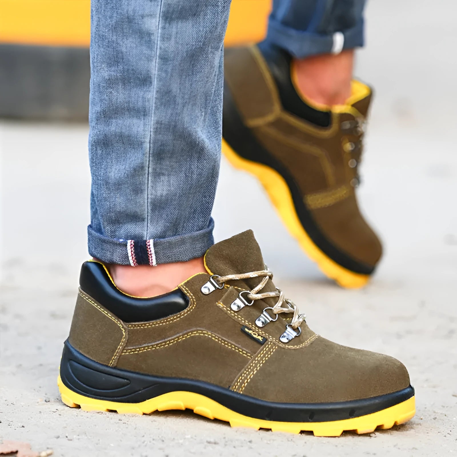 Bronze coloured low-cut cow suede leather safety shoes with a steel toe cap on a patterned non-slip sole.