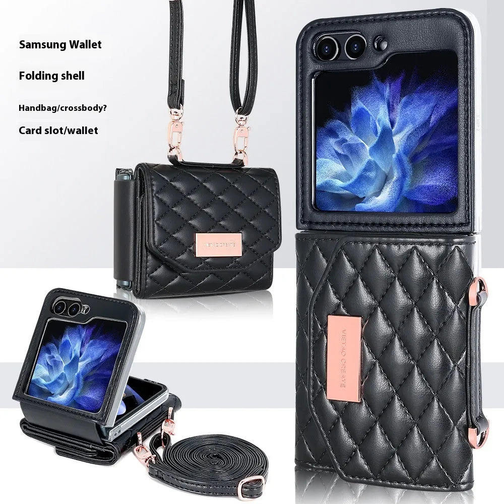 Fashion PU phone cover with lanyard and card slot for Samsung Z Flip in purple