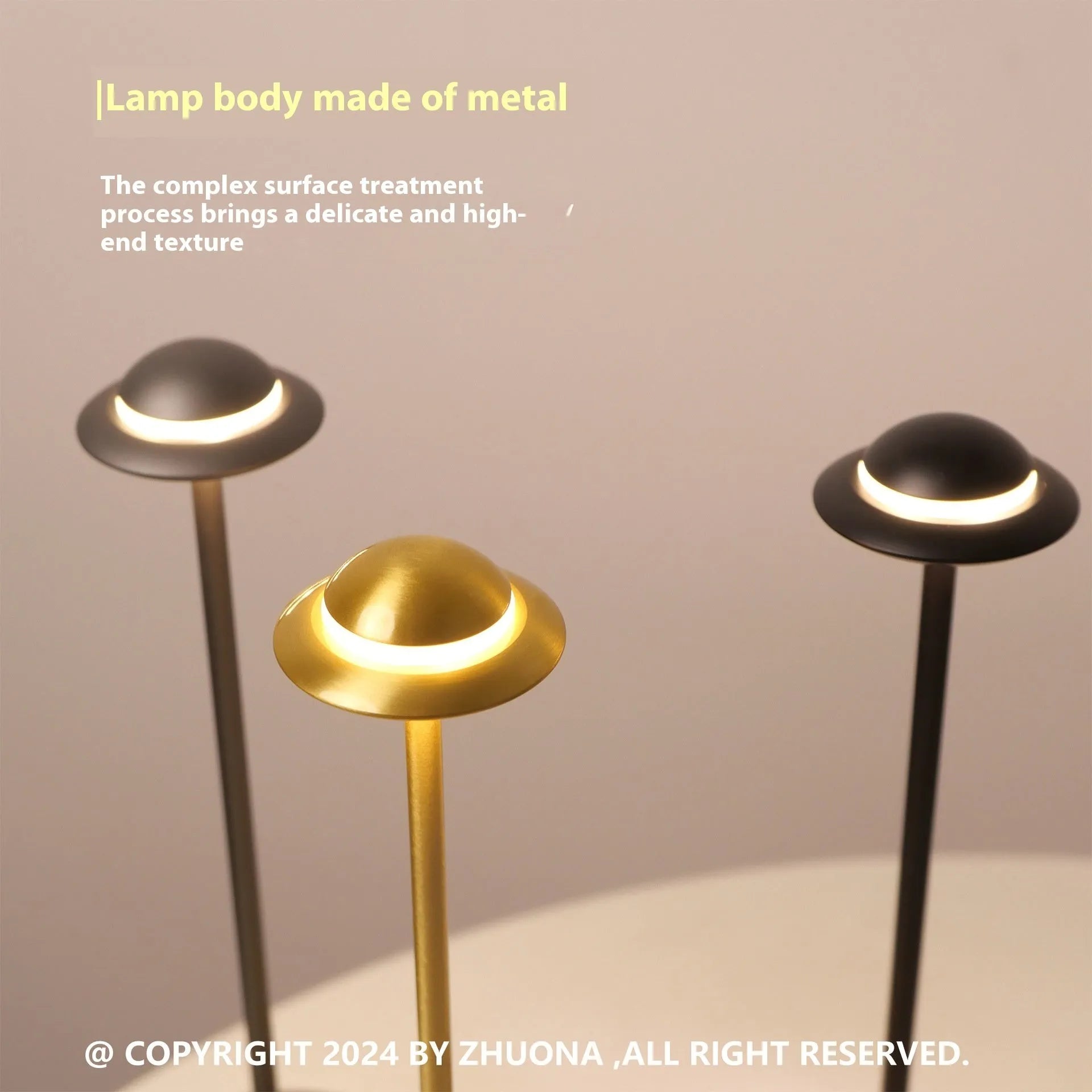 Modern UFO-shaped metal table lamp in black on a wooden desk, showing cord-free design.