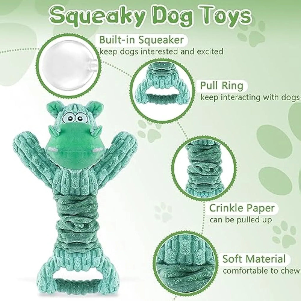 Large plush squeaky dog toy in hippo design with handle for tug-of-war.