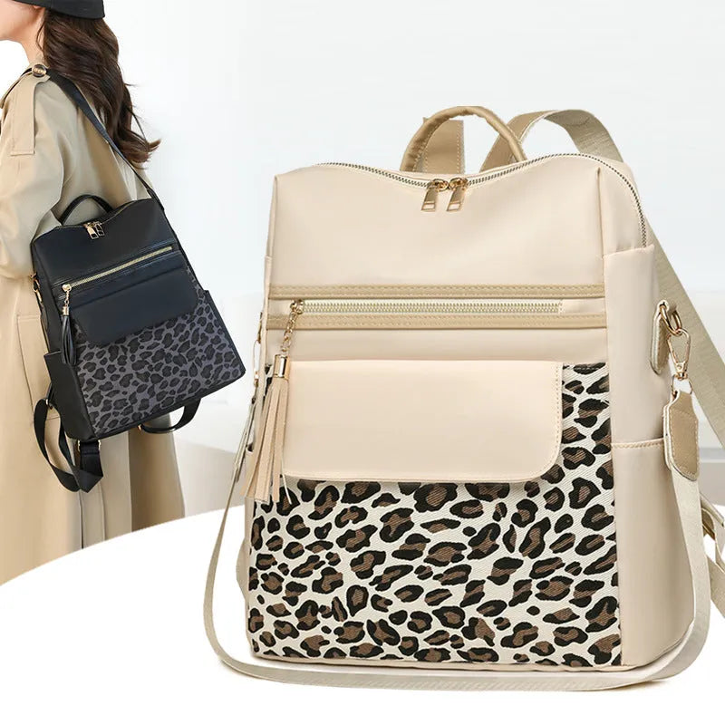 Leopard print women's large capacity nylon backpack in black, brown or beige with stitching and splicing.