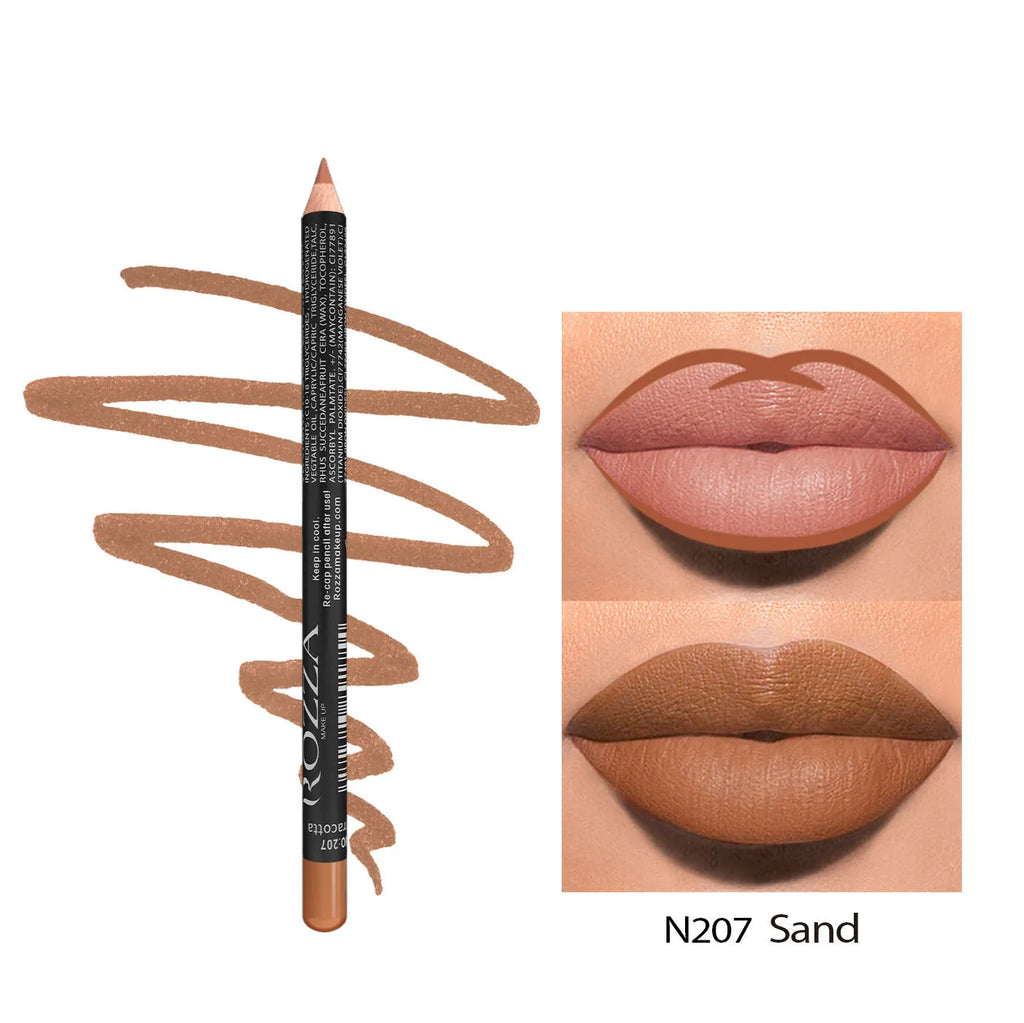Matte finish lip liner pencil in one of 14 available shades, shown on a clean background