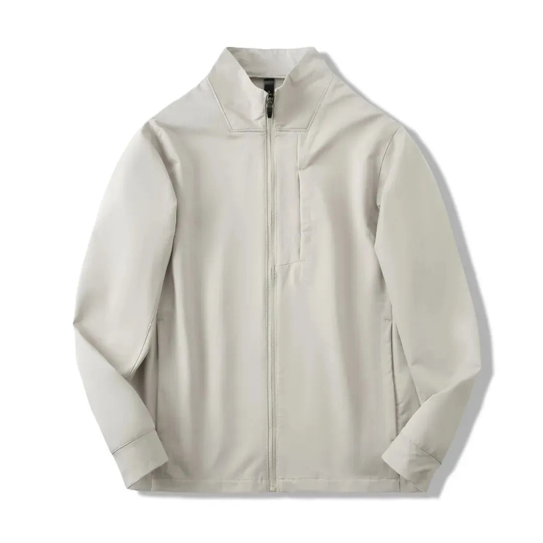 Men's stand collar casual jacket in polyester, shown in black, dark blue, or milky white.