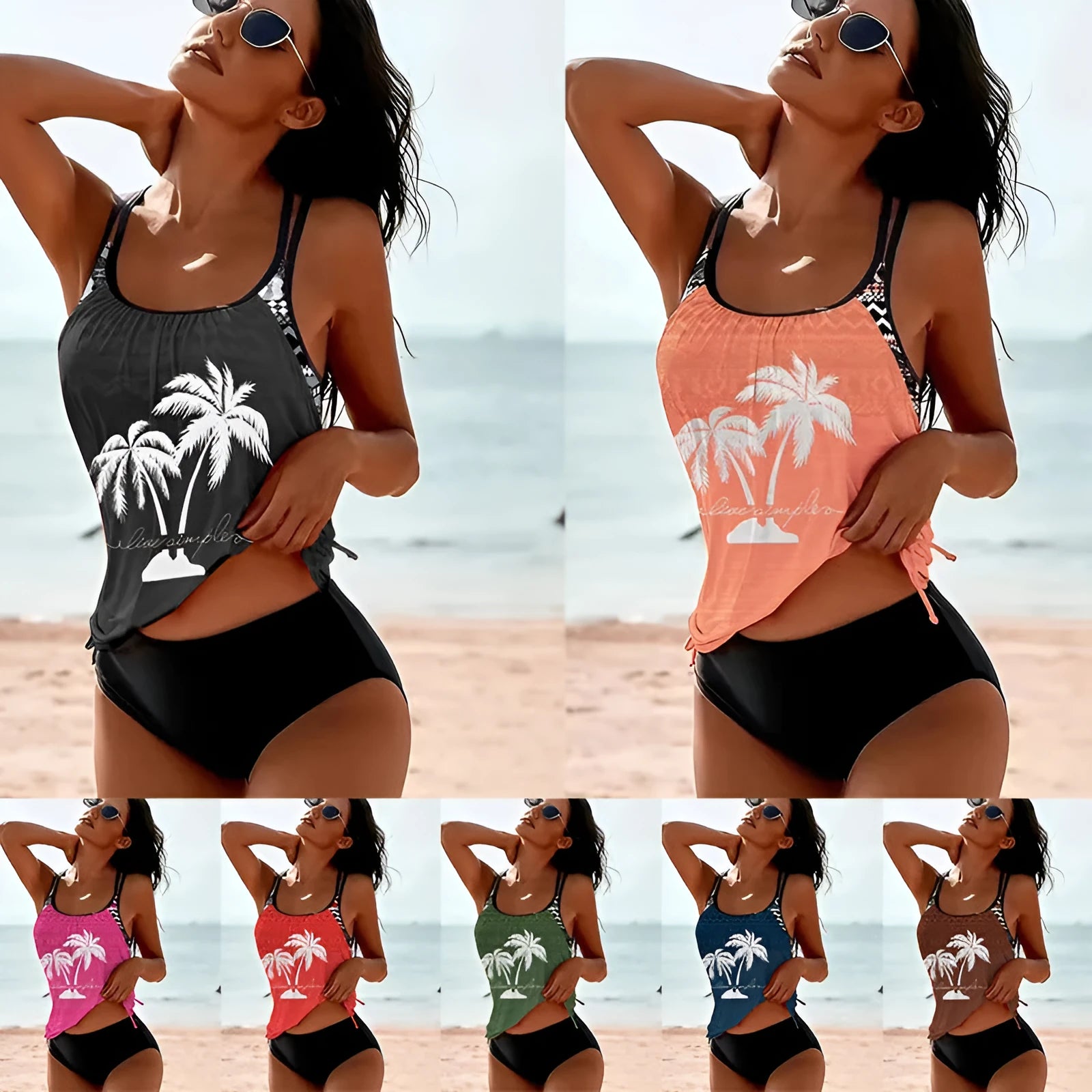 Women's loose-fitting black tangini bikini briefs with a split-leg design on a mannequin