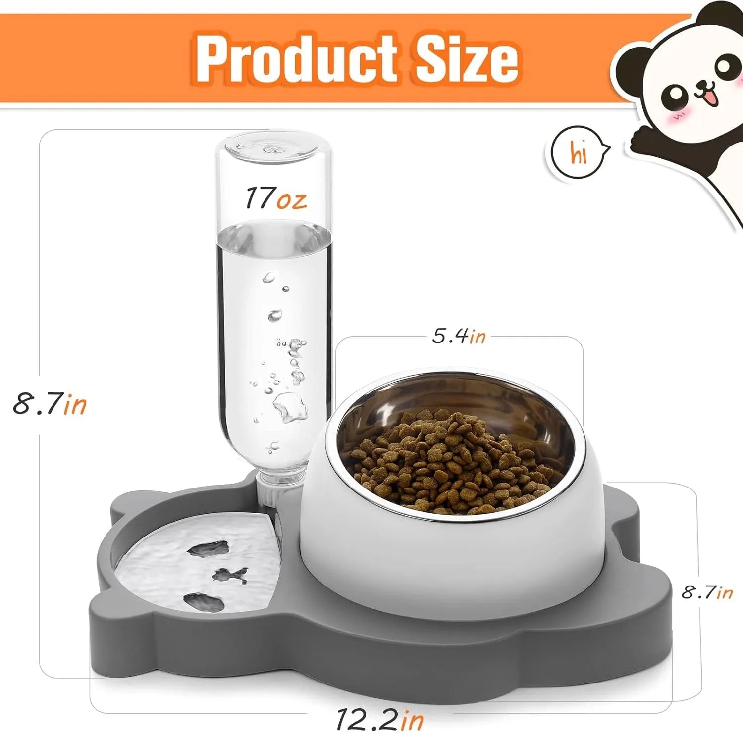Grey elevated pet bowl set with automatic water bottle and panda design for cats and small dogs