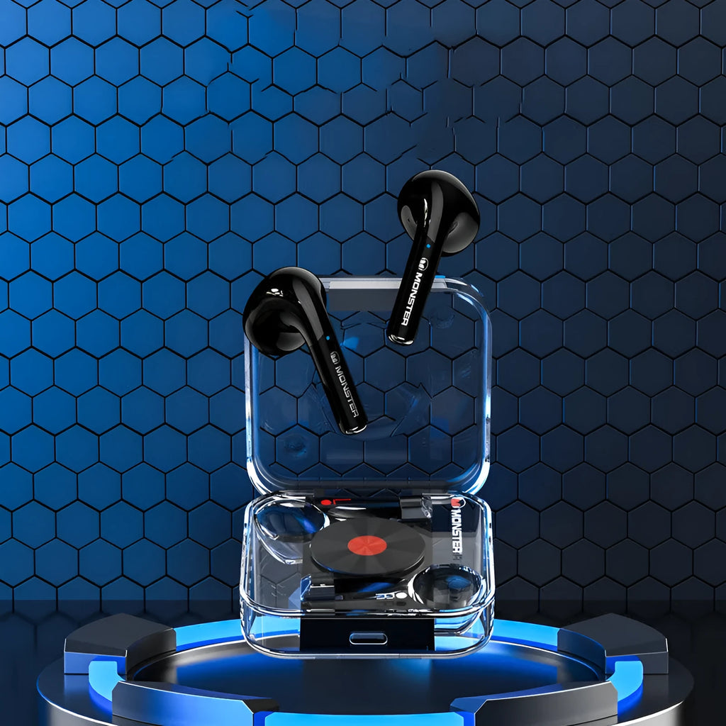 Wireless Bluetooth headset with earplug design in black colour featuring 10-metre range