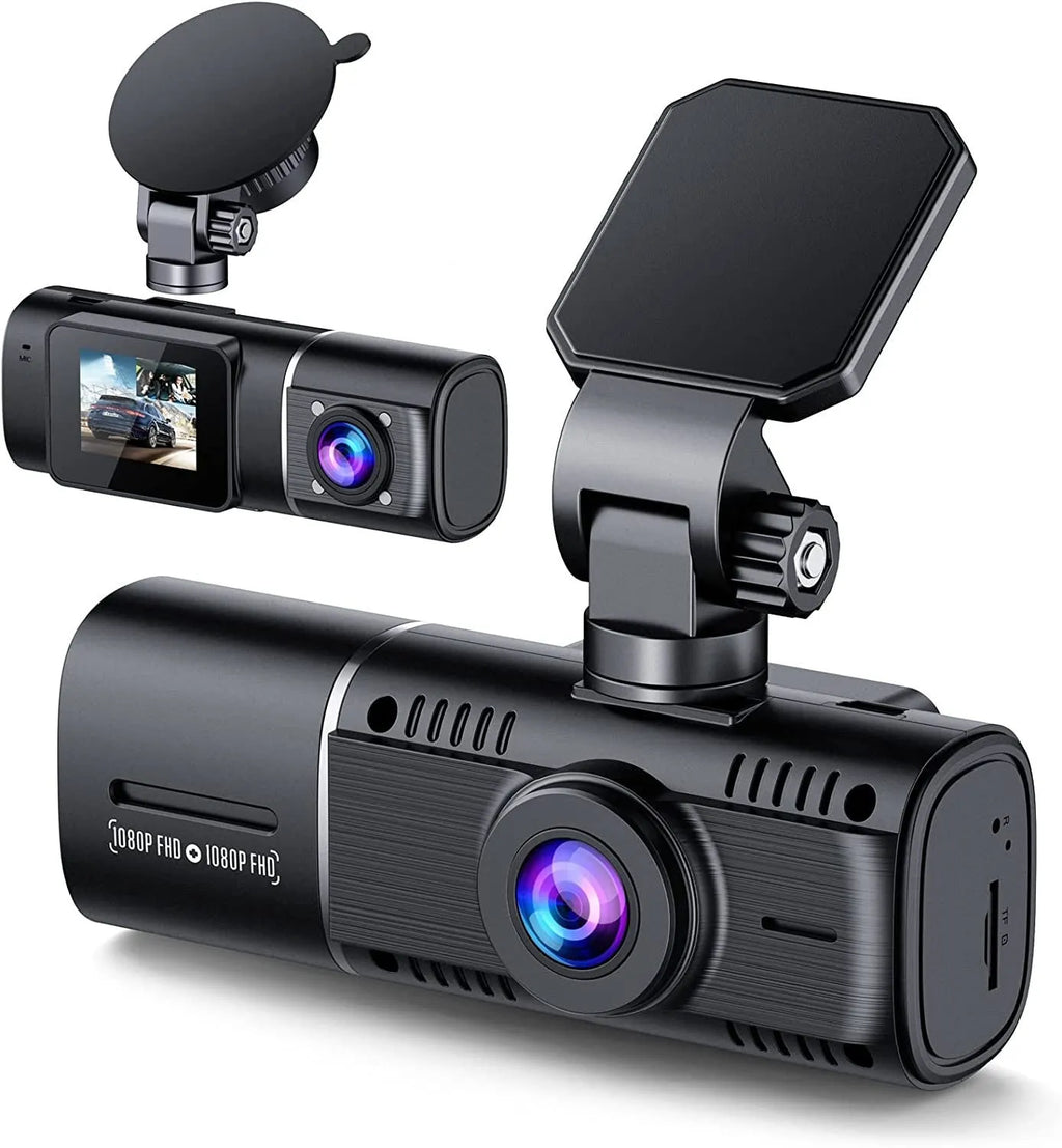 Black dual-lens car dash cam with 1.5-inch screen, mount, and car charger on a dashboard.