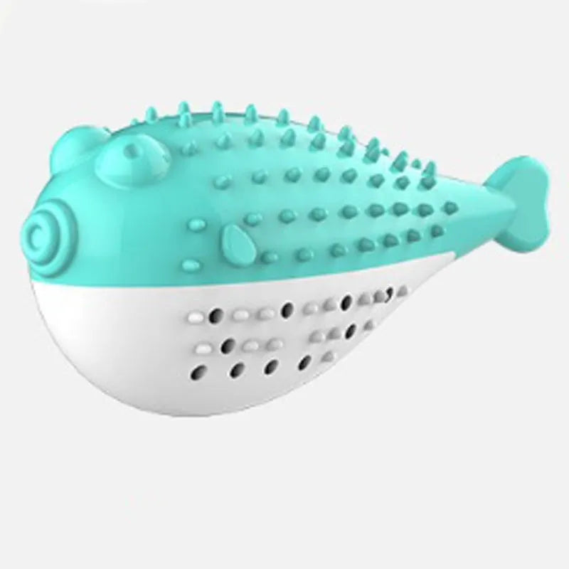 Blue silicone fish-shaped chew and teaser toy for cats on a plain background.