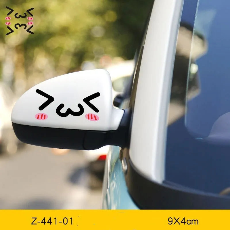 A pair of reflective cartoon eye car stickers made from PET vinyl, designed for vehicle body or rearview mirror.