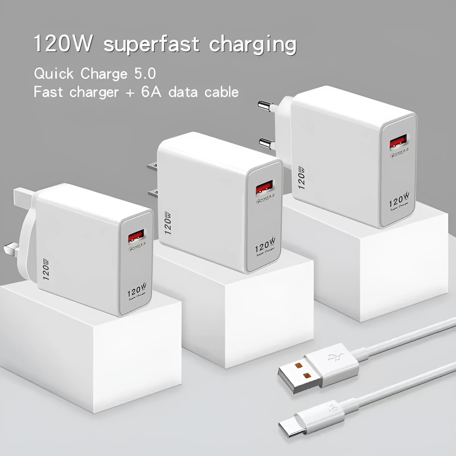 White 120W super fast USB charger and cable suit with QC5.0 support