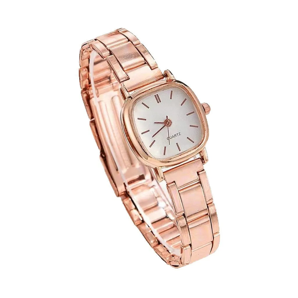 Women's alloy quartz watch with square or round case, Roman numeral or surface number dial, silver or rose gold finish, 10mm thick.