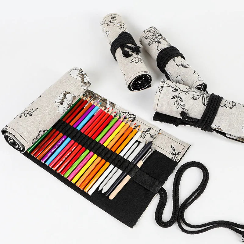 Black peony floral print canvas pencil roll bag unrolled to show 24 pencil sleeves