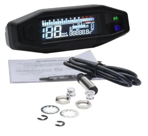 Black mini motorcycle LCD speedometer gauge with digital display showing speed, revs, and fuel level.