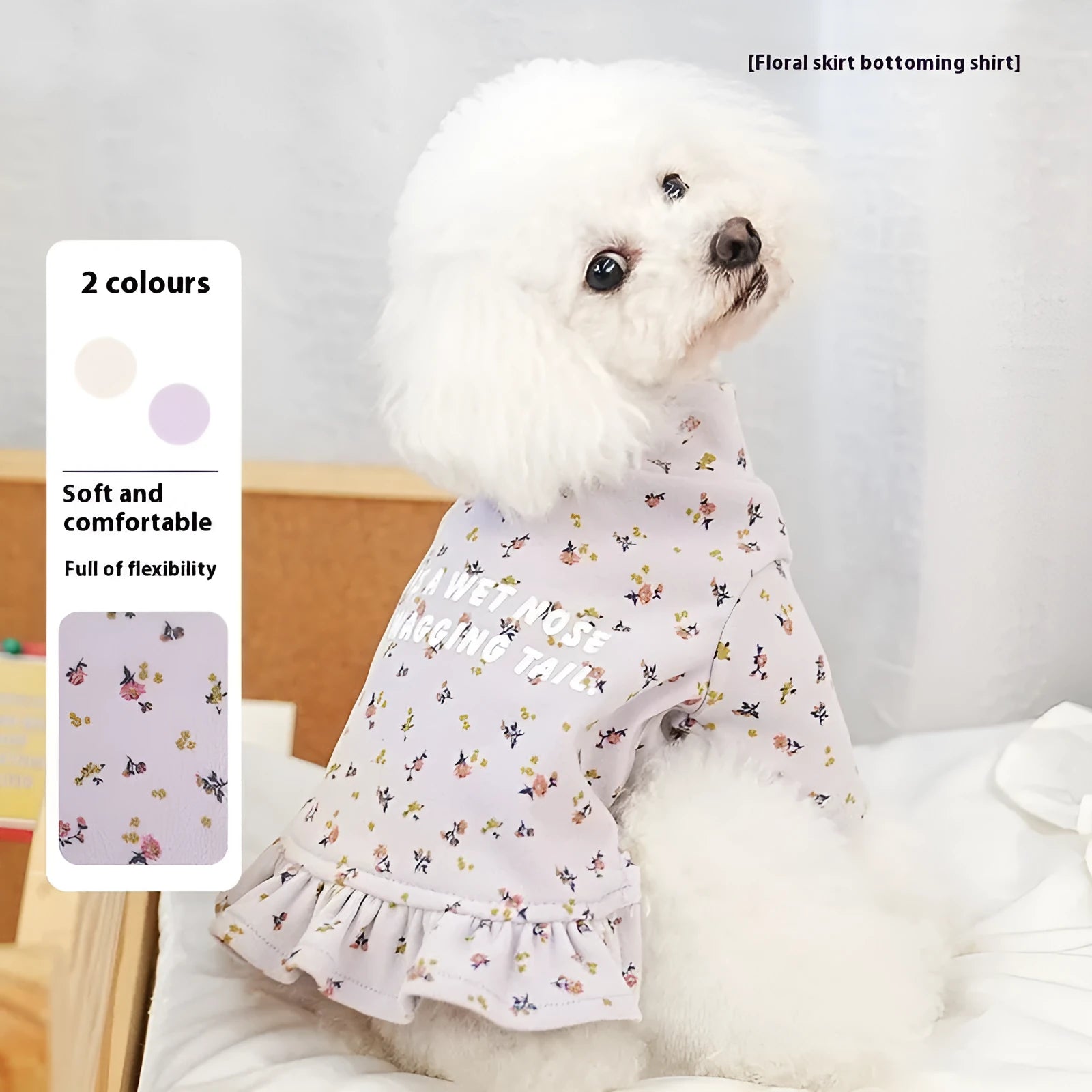 Light purple floral dog undershirt skirt for small breeds on white background
