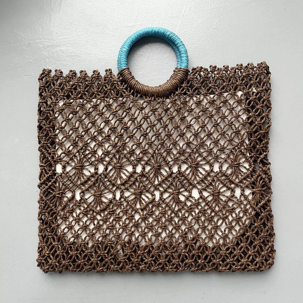 Minority all-match hollow handmade straw bag in dark brown with square vertical shape, 44cm wide