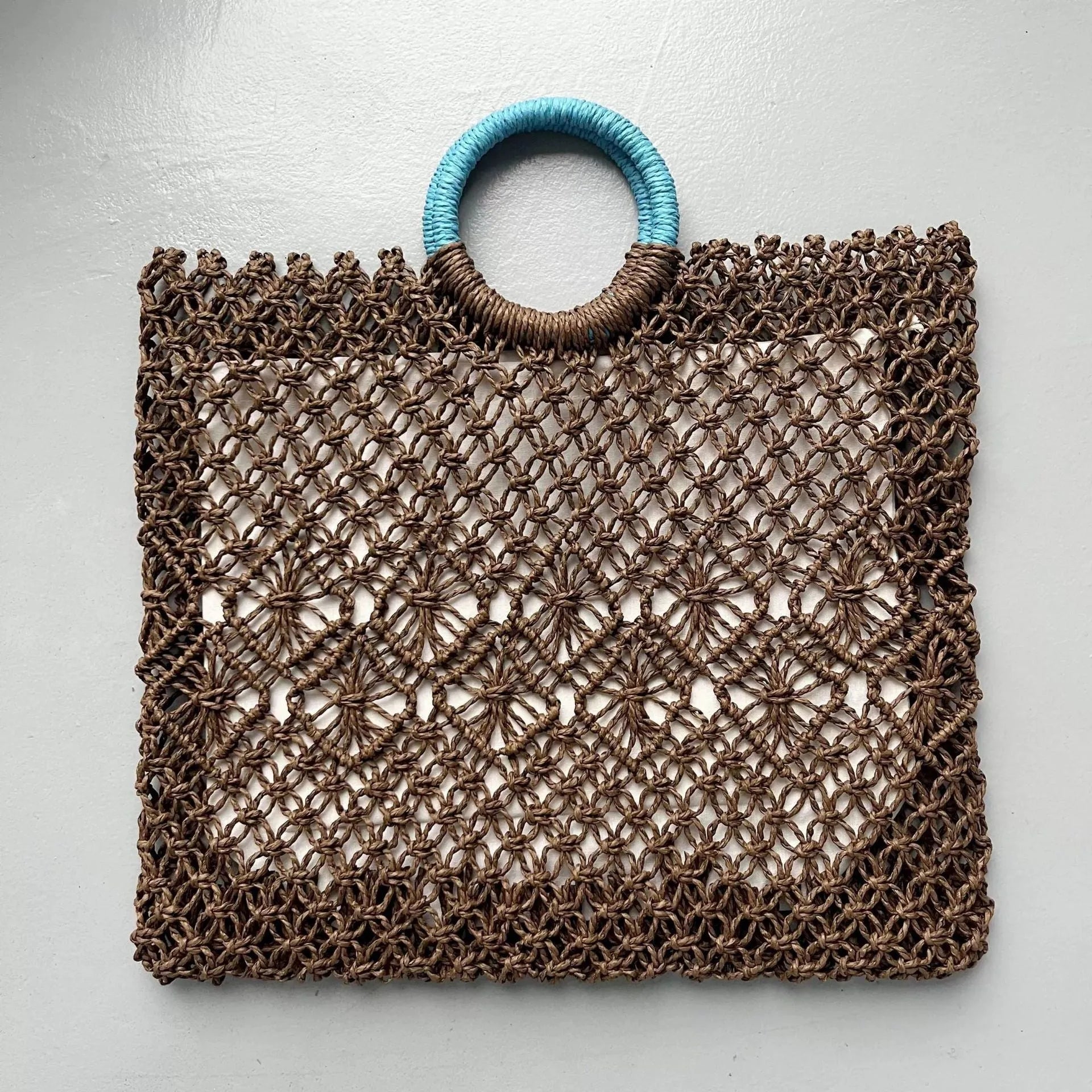 Minority all-match hollow handmade straw bag in dark brown with square vertical shape, 44cm wide