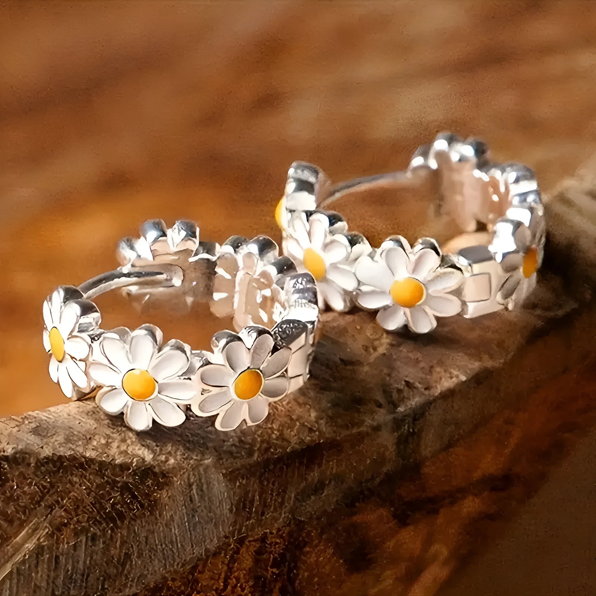 White fashion daisy flower ring earrings with electroplated copper construction and gem details
