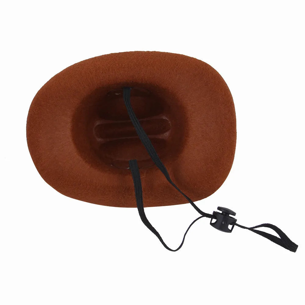 A small brown fabric cowboy hat for a dog, shown on a white background.
