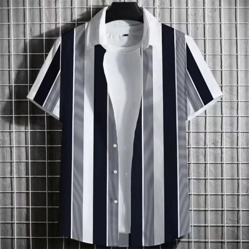 Men's striped linen T-shirt with 3D printing design in extended sizes