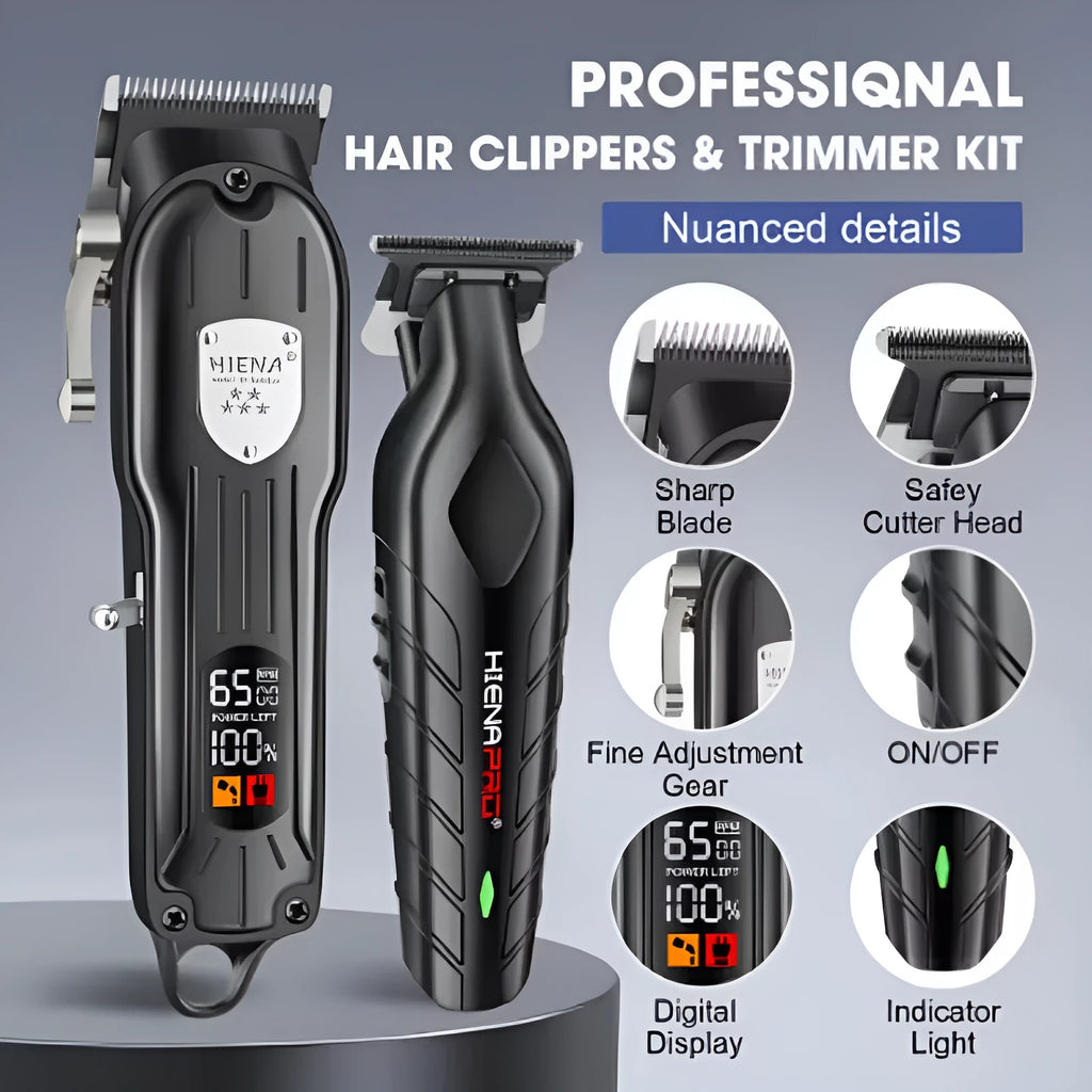 Black professional hair clipper set with LCD display, shown with USB charging cable.