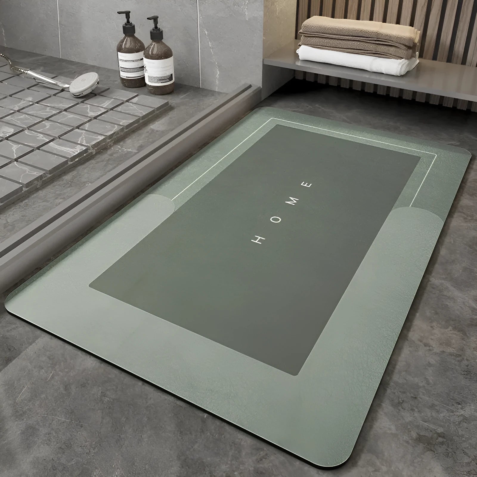 Machine woven bathroom floor mat in blended material showing oval and rectangle shape options