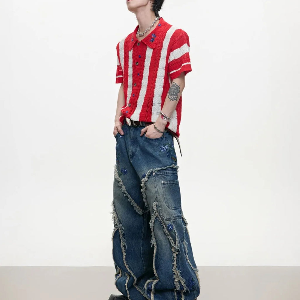 Men's red and black striped knitted short-sleeved shirt with loose fit and button decoration