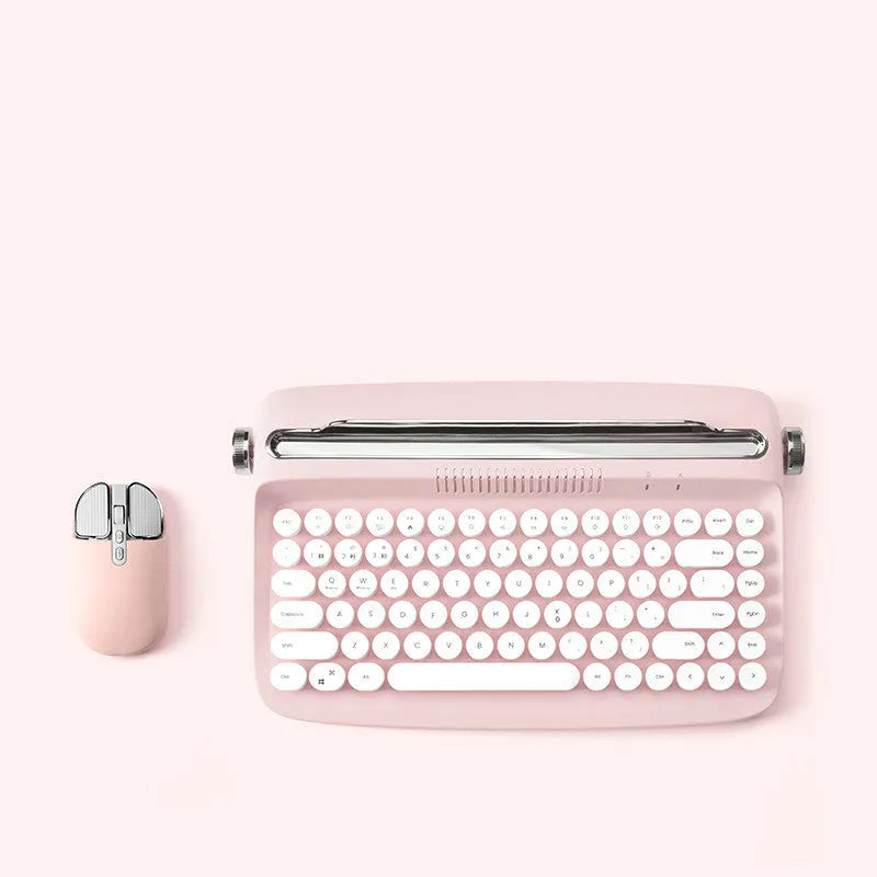 Retro iPad Bluetooth keyboard and mouse set with adjustable bracket, shown in mint green, beige, pink, white, or navy blue.