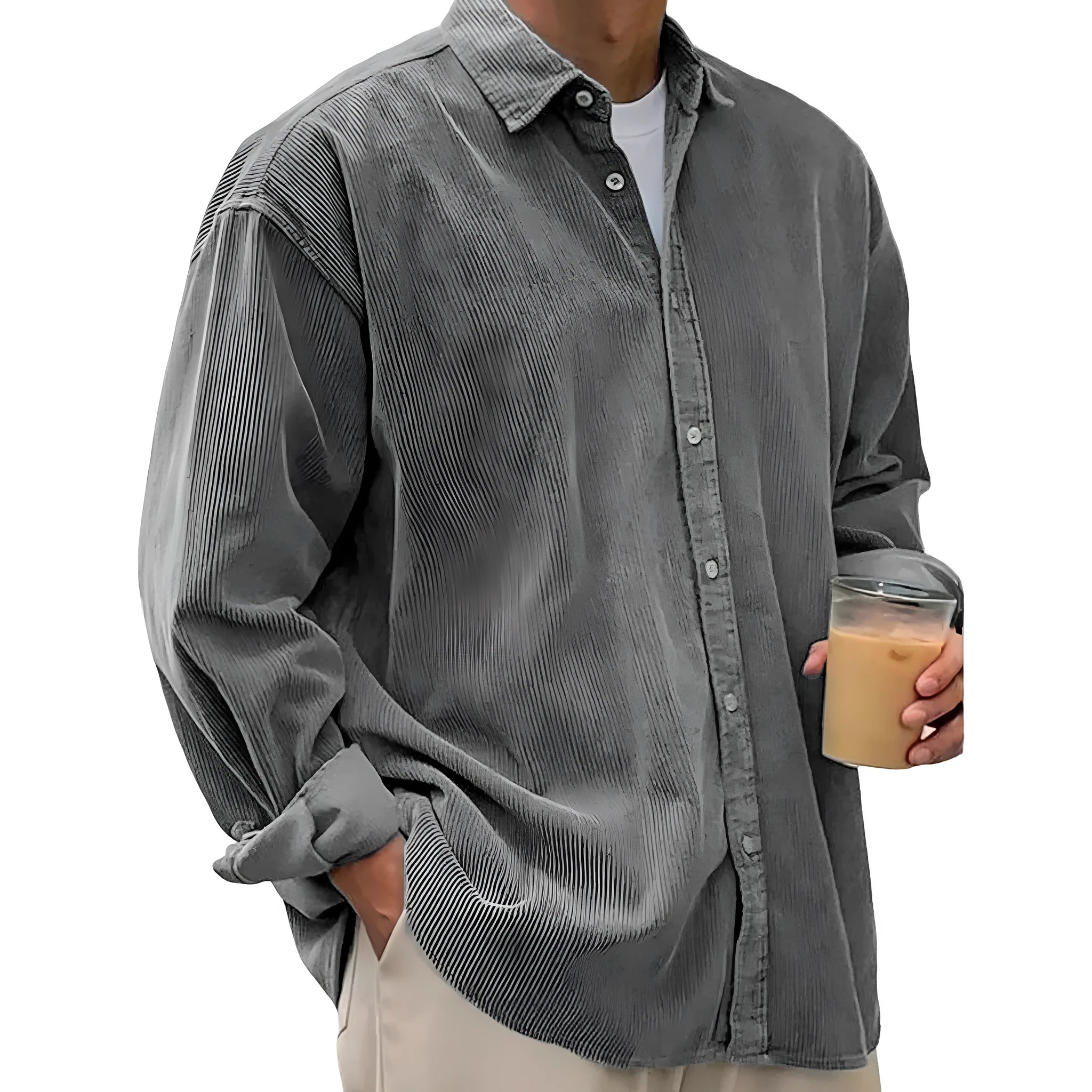 Men's casual loose fit corduroy shirt jacket in solid colour, polyester cardigan style for autumn winter