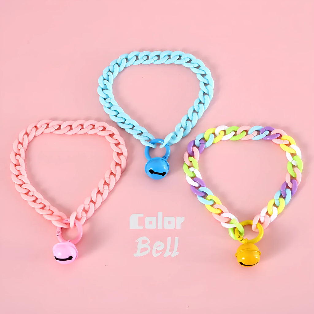 Macaron candy coloured plastic pet collar for cats, dogs and rabbits on a white background.