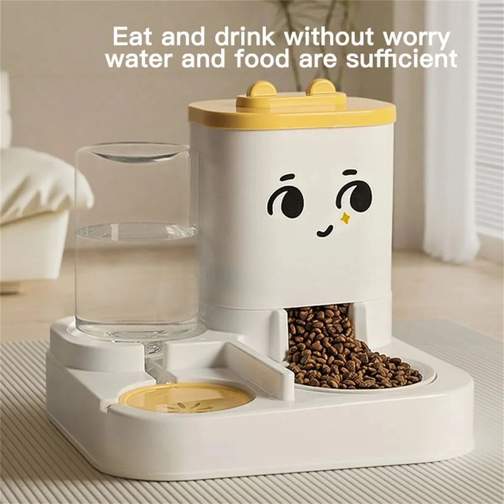 Pet cartoon feeding and watering dispenser in gray with large capacity plastic bowls for cats and dogs