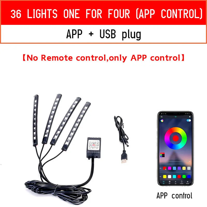 Car LED atmosphere lighting strip showing eight RGB colours with voice control and app connectivity