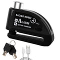 Bicycle disc brake lock with alarm, metal construction, 9.5 by 3.7 by 6.9 cm, available in five colours