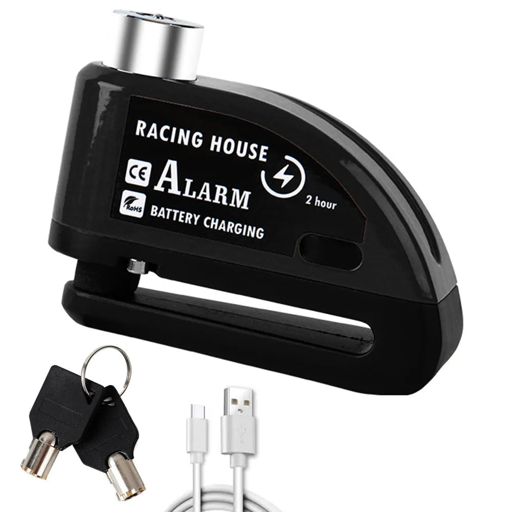 Bicycle disc brake lock with alarm, metal construction, 9.5 by 3.7 by 6.9 cm, available in five colours