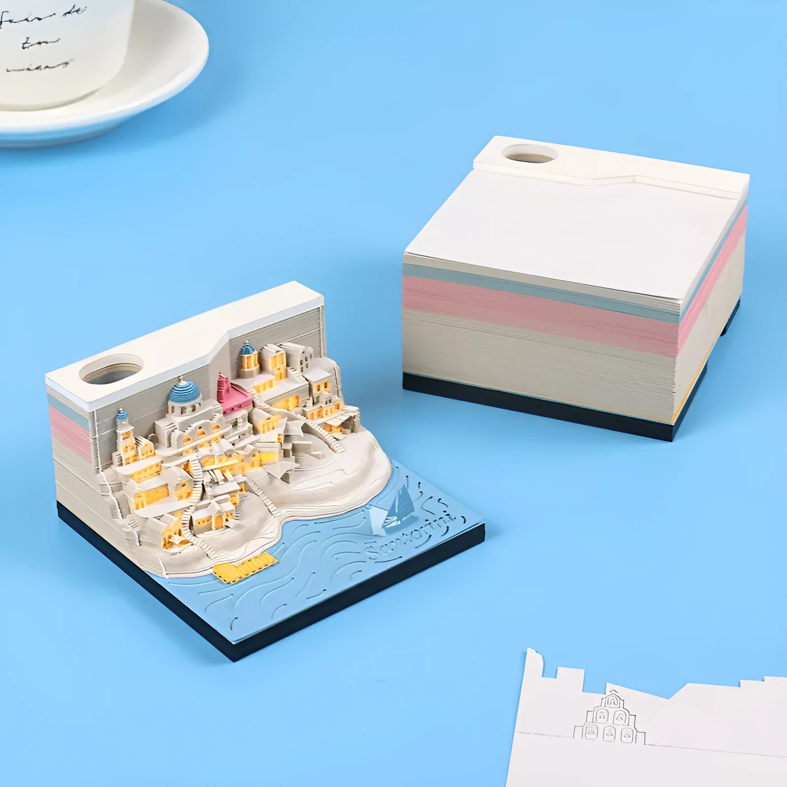 Santorini 3D paper carving notepad building model with lighting decoration showing beach scene design
