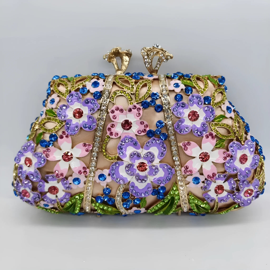Gold oval metal evening clutch with enamel flower, hollow, diamond and dripping oil detail, 22 x 12 x 6 cm
