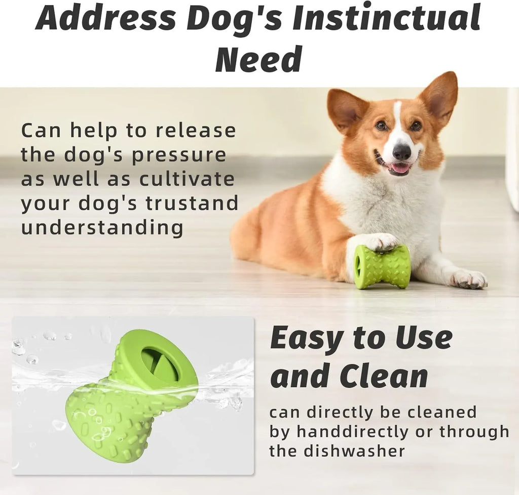 Blue natural rubber dog chew toy with hollow centre and treat leakage holes.