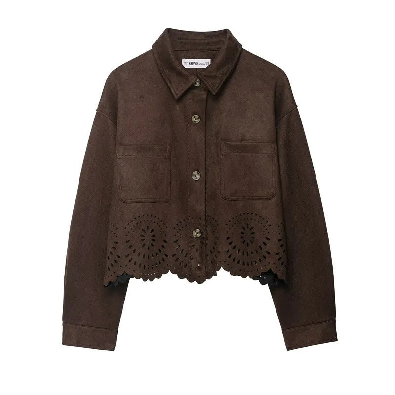Women's solid colour hollow-out hem top and pants set with long sleeves and button details in size M