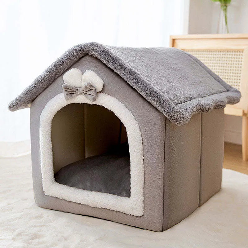 Coral fleece and sponge cat and dog bed house in grey, brown or pink, sizes S M L for small pets
