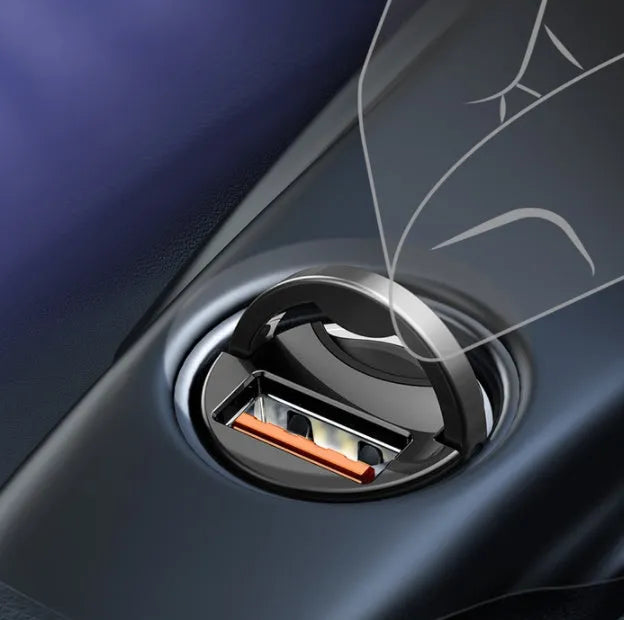Electro-optical grey 30W USB car charger with a 1 metre long cable plugged into a vehicle socket.