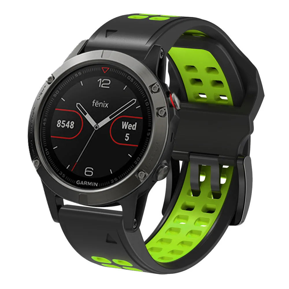 Quick release two-colour silicone sports watch strap with double-row ventilation holes on a grey background.