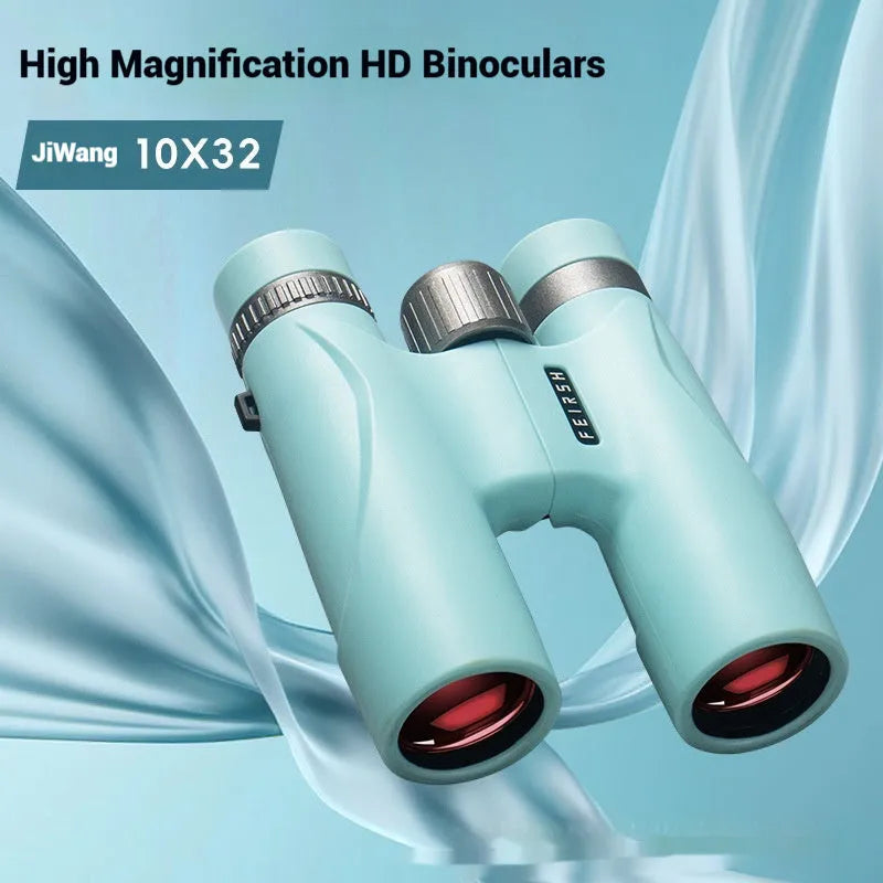 10x32 wine red film imaging binoculars with blue colour option showing compact 112x140x45mm dimensions