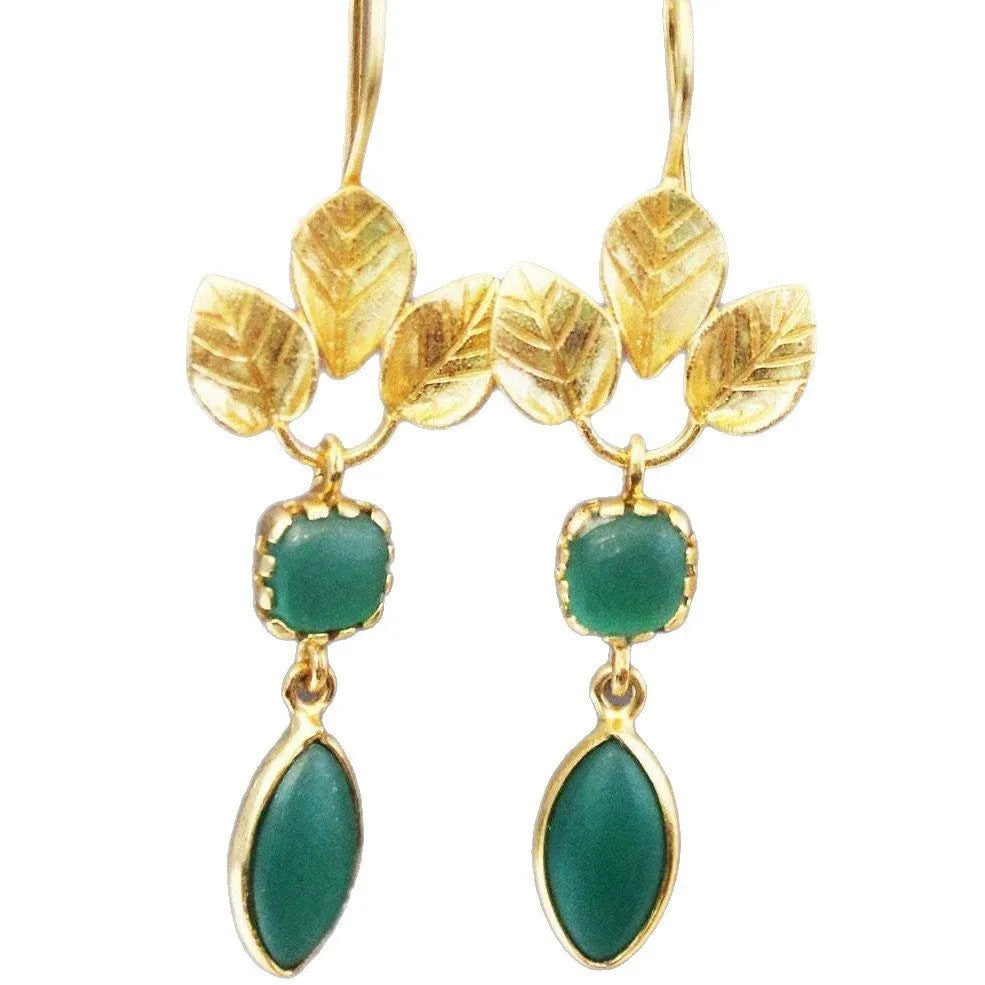 Gold-coloured retro drop earrings with French leaves, tassel, and water droplet design on a copper base.