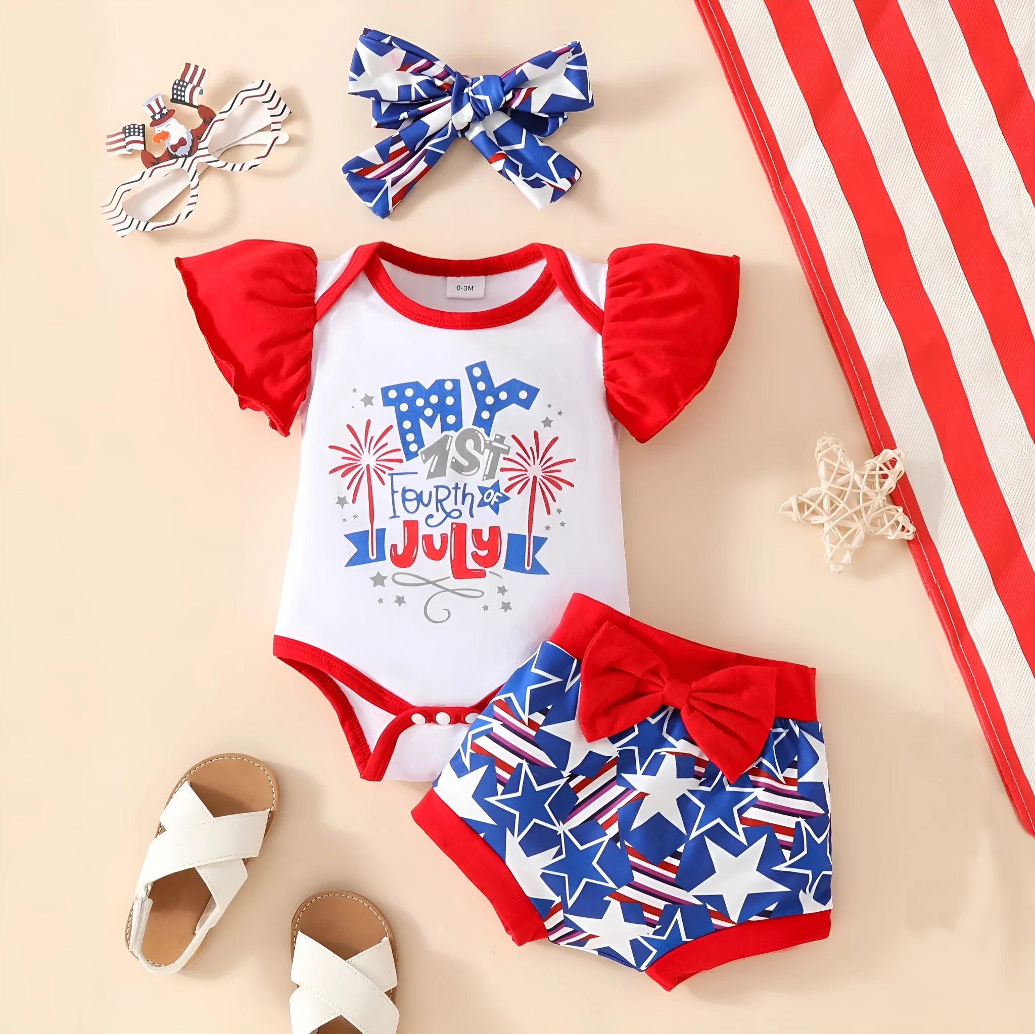 Baby sleeveless shorts suit three-piece set in red or blue polyester knit for infants 0-18 months