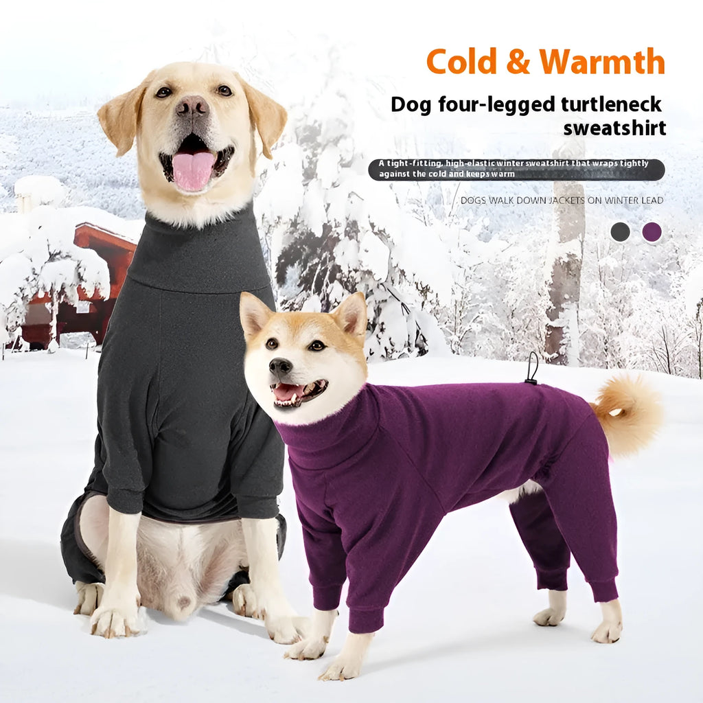 Four-leg polar fleece dog coat with high collar in dark grey or wine red colour options
